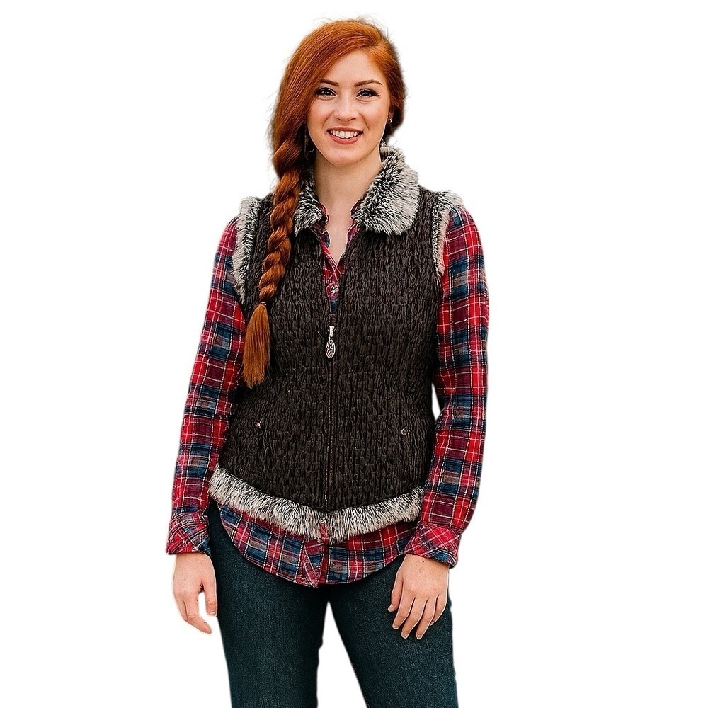 Cowgirl Up Large Brown Faux Fur Ribbed Vest Western Horses Cowgirl